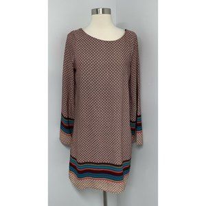 Interi Womens Shift Dress Size M Boho Geometric Long Sleeve Bell Maroon Teal
